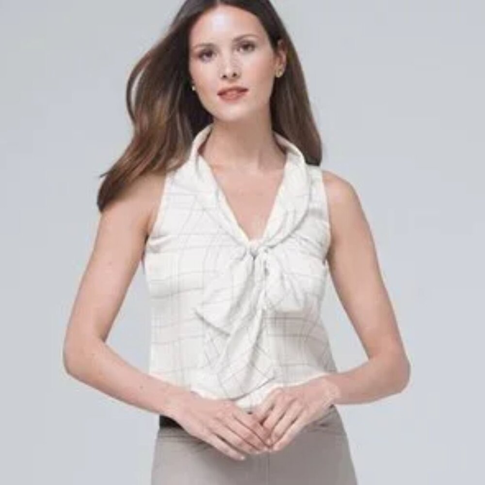 NWT‎ WHBM Tie Neck Charm Shell Sleeveless White & Black Plaid Women's Size Small